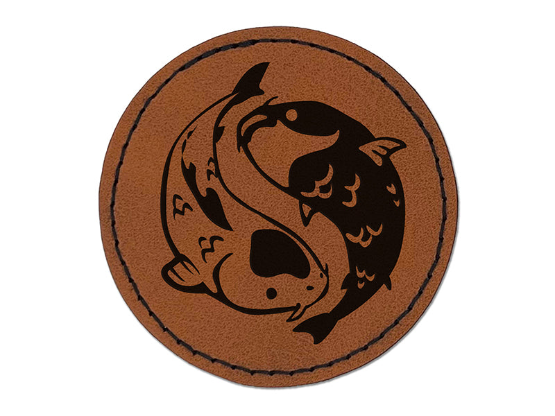 Yin and Yang Koi Fish Round Iron-On Engraved Faux Leather Patch Applique - 2.5"