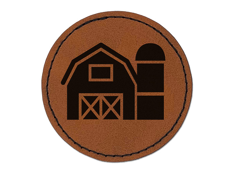 Farm Barn with Silo Round Iron-On Engraved Faux Leather Patch Applique - 2.5"