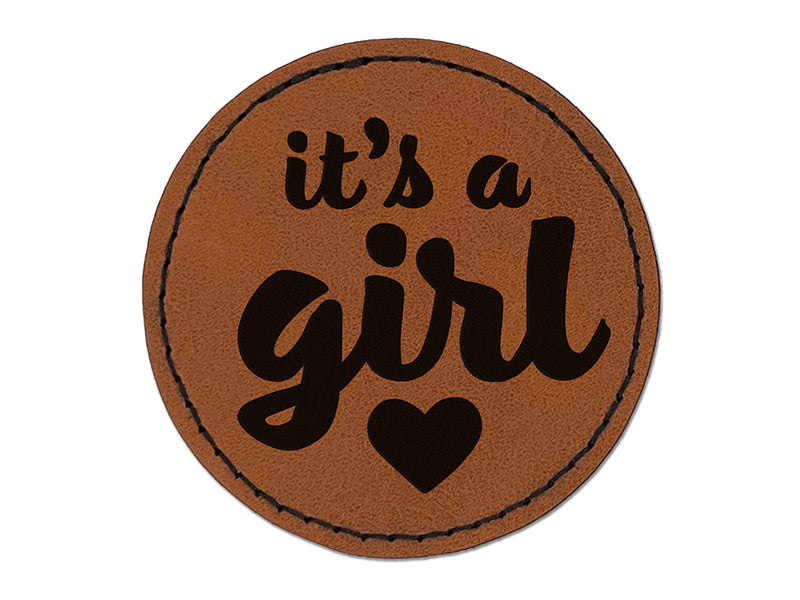 It's a Girl Baby Shower Party Round Iron-On Engraved Faux Leather Patch Applique - 2.5"