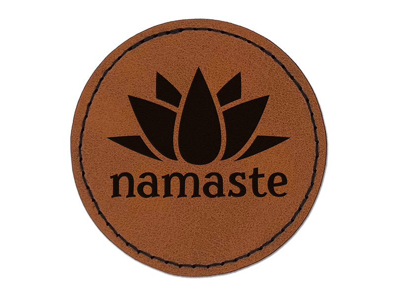 Namaste with Lotus Flower Yoga Round Iron-On Engraved Faux Leather Patch Applique - 2.5"