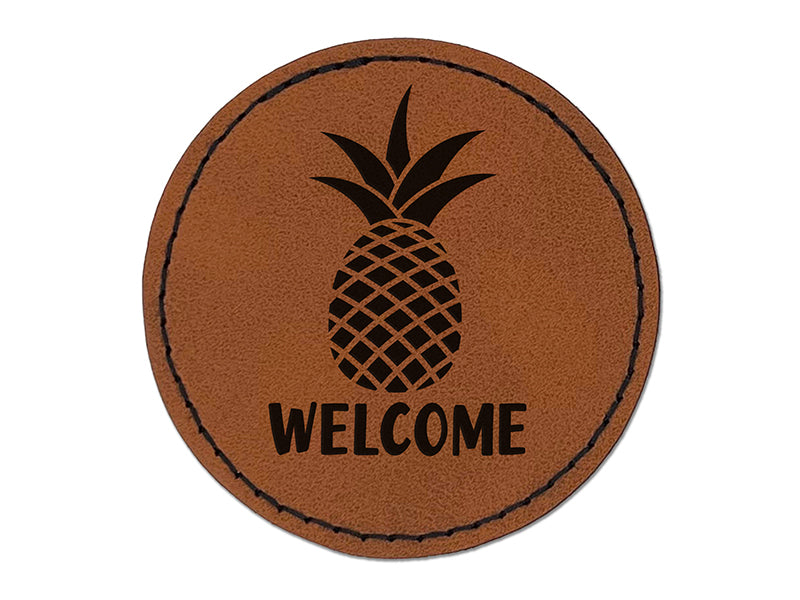 Pineapple Fruit Welcome Round Iron-On Engraved Faux Leather Patch Applique - 2.5"