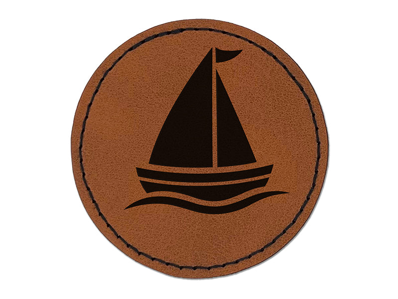 Sailing Sailboat Round Iron-On Engraved Faux Leather Patch Applique - 2.5"