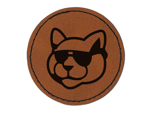 Cool Cat with Sunglasses Round Iron-On Engraved Faux Leather Patch Applique - 2.5"