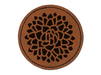 Beautiful Dahlia Flower Round Iron-On Engraved Faux Leather Patch Applique - 2.5"