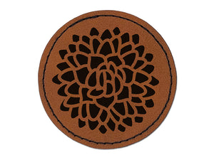 Beautiful Dahlia Flower Round Iron-On Engraved Faux Leather Patch Applique - 2.5"