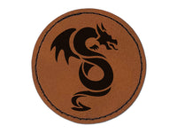 Winged Serpent Dragon Round Iron-On Engraved Faux Leather Patch Applique - 2.5"