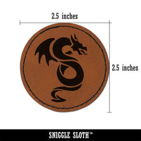 Winged Serpent Dragon Round Iron-On Engraved Faux Leather Patch Applique - 2.5"