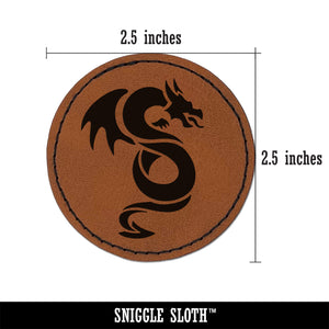 Winged Serpent Dragon Round Iron-On Engraved Faux Leather Patch Applique - 2.5"