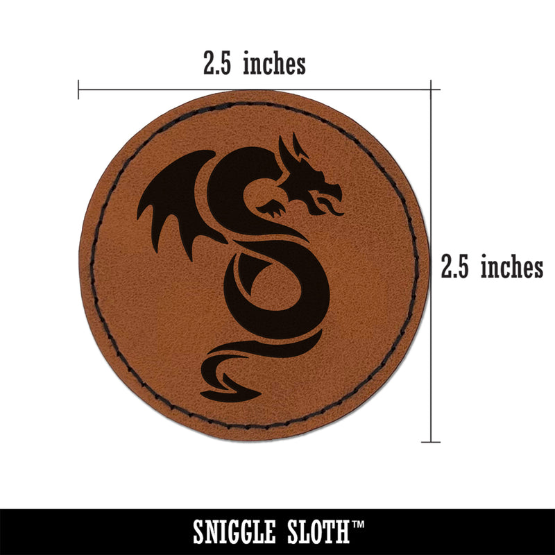Winged Serpent Dragon Round Iron-On Engraved Faux Leather Patch Applique - 2.5"