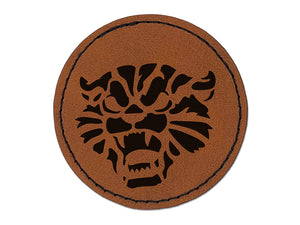 Angry and Fierce Hissing Cat Round Iron-On Engraved Faux Leather Patch Applique - 2.5"