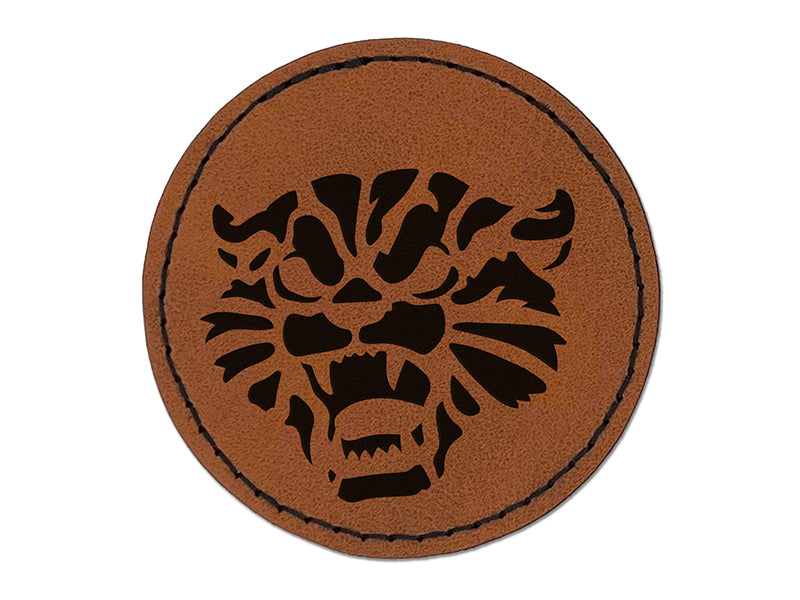 Angry and Fierce Hissing Cat Round Iron-On Engraved Faux Leather Patch Applique - 2.5"