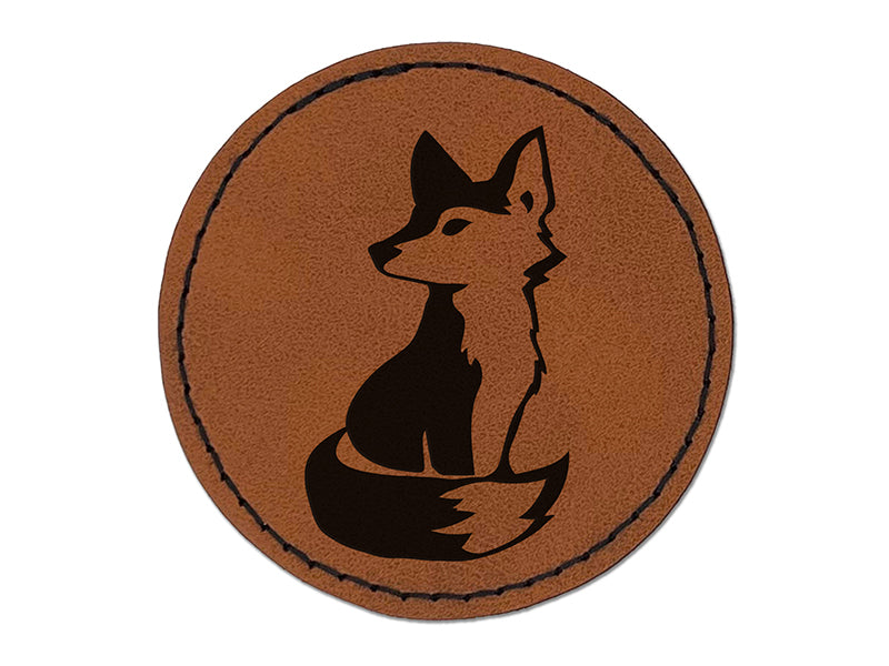 Curious Fox Sitting Looking Back Round Iron-On Engraved Faux Leather Patch Applique - 2.5"