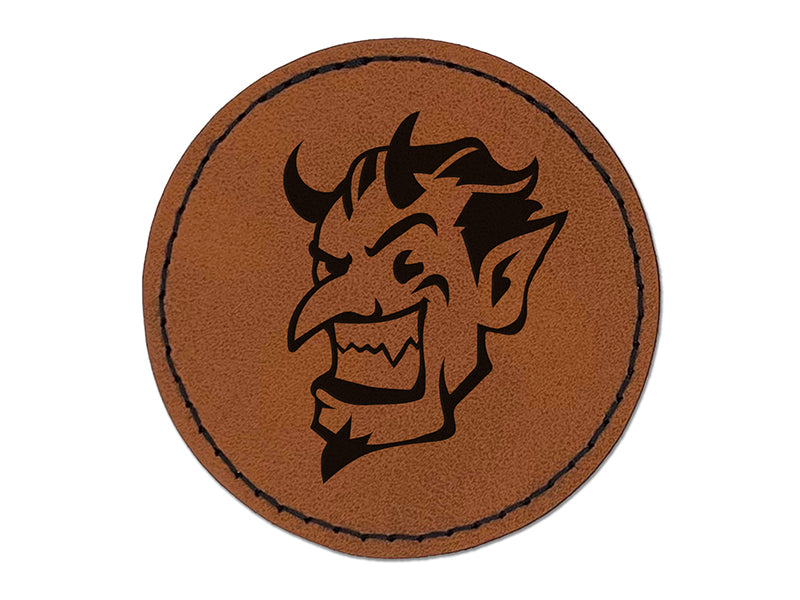 Impish Smiling Devil Demon with Horns Round Iron-On Engraved Faux Leather Patch Applique - 2.5"