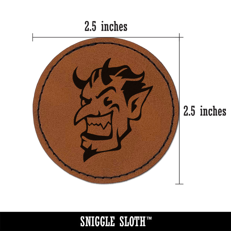 Impish Smiling Devil Demon with Horns Round Iron-On Engraved Faux Leather Patch Applique - 2.5"