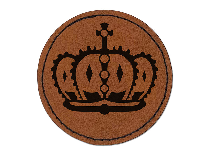 King Queen Royal Crown Round Iron-On Engraved Faux Leather Patch Applique - 2.5"