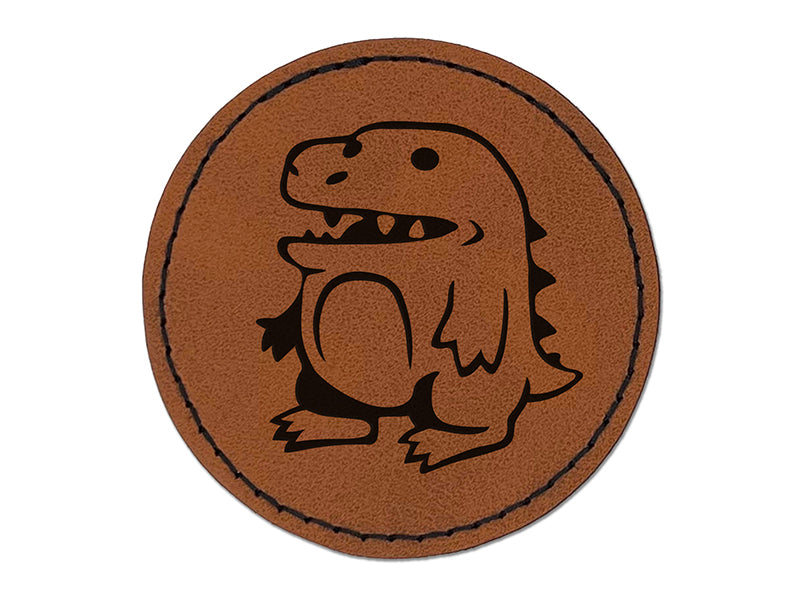 Silly Cartoon Dinosaur Round Iron-On Engraved Faux Leather Patch Applique - 2.5"