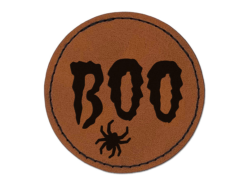 Boo with Spider Halloween Round Iron-On Engraved Faux Leather Patch Applique - 2.5"