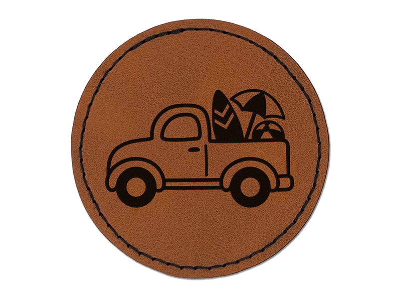 Cute Truck Summer with Surfboard Beach Ball Umbrella Round Iron-On Engraved Faux Leather Patch Applique - 2.5"