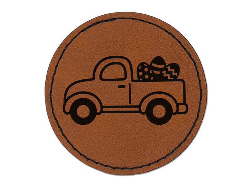 Cute Truck with Easter Eggs Round Iron-On Engraved Faux Leather Patch Applique - 2.5"