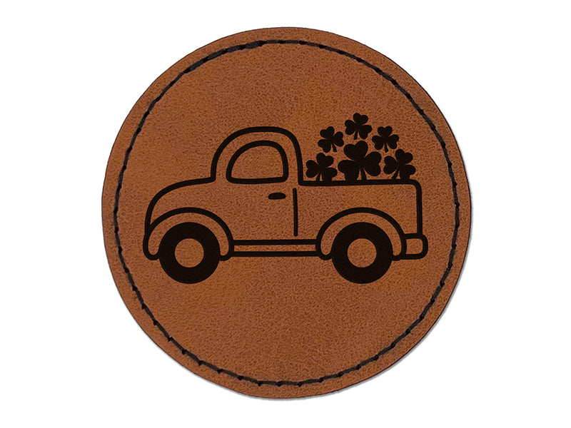 Cute Truck with Shamrocks Luck St. Patrick's Day Round Iron-On Engraved Faux Leather Patch Applique - 2.5"