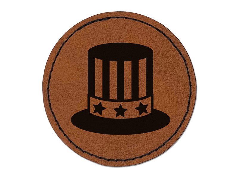 Fourth of July Patriotic Hat Round Iron-On Engraved Faux Leather Patch Applique - 2.5"