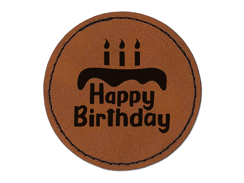 Happy Birthday with Cake Round Iron-On Engraved Faux Leather Patch Applique - 2.5"