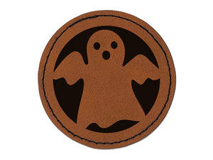 Spooky Halloween Ghost Round Iron-On Engraved Faux Leather Patch Applique - 2.5"