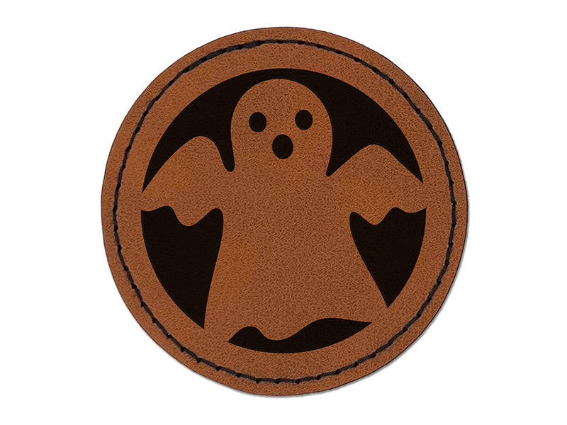 Spooky Halloween Ghost Round Iron-On Engraved Faux Leather Patch Applique - 2.5"