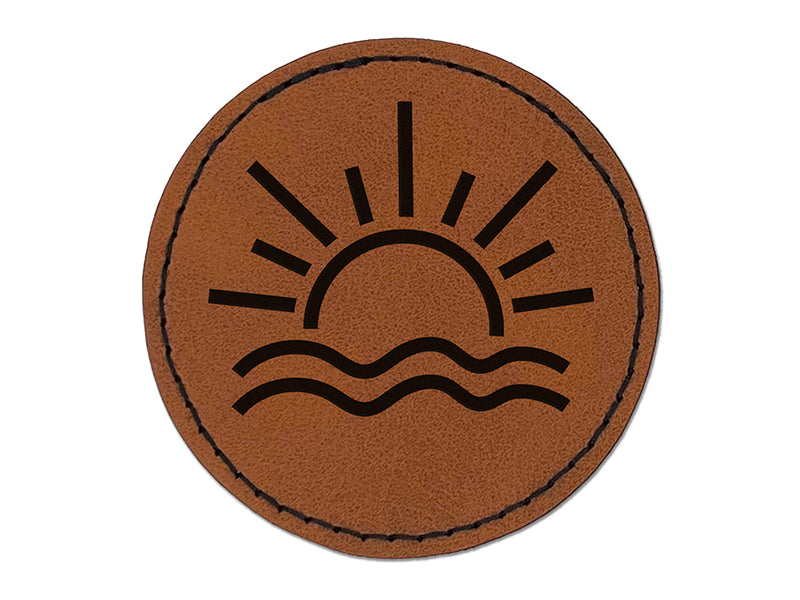 Sun and Waves Sunrise Sunset Round Iron-On Engraved Faux Leather Patch Applique - 2.5"