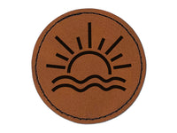 Sun and Waves Sunrise Sunset Round Iron-On Engraved Faux Leather Patch Applique - 2.5"