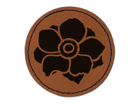 Anemone Flower Round Iron-On Engraved Faux Leather Patch Applique - 2.5"