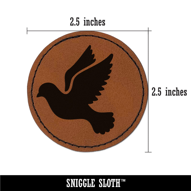 Dove Flying Silhouette Bird Round Iron-On Engraved Faux Leather Patch Applique - 2.5"