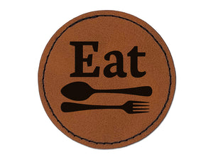 Eat Spoon and Fork Kitchen Round Iron-On Engraved Faux Leather Patch Applique - 2.5"