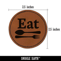 Eat Spoon and Fork Kitchen Round Iron-On Engraved Faux Leather Patch Applique - 2.5"