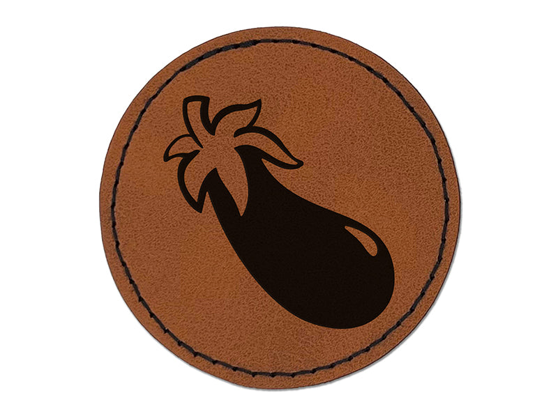 Eggplant Garden Vegetable Round Iron-On Engraved Faux Leather Patch Applique - 2.5"