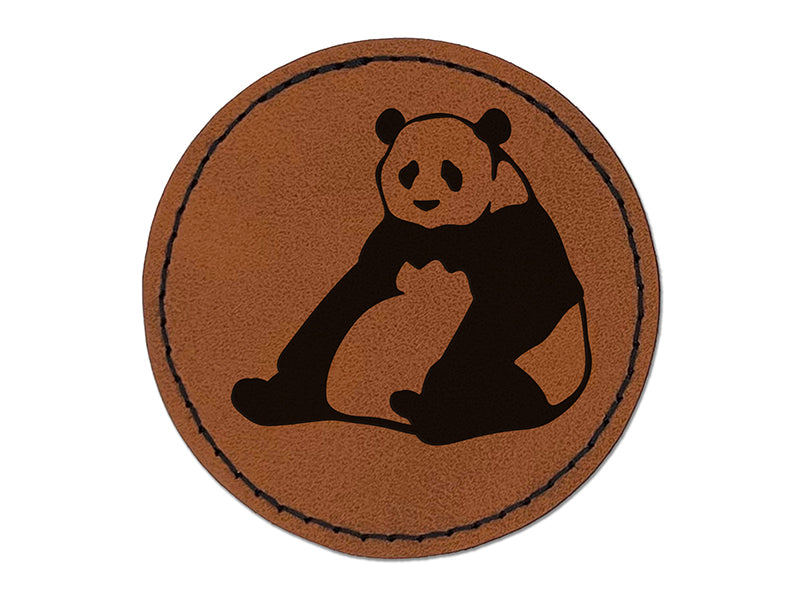 Giant Panda Bear Sitting Round Iron-On Engraved Faux Leather Patch Applique - 2.5"