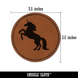 Majestic Unicorn Rearing Up Round Iron-On Engraved Faux Leather Patch Applique - 2.5"