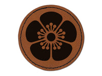 Single Cherry Blossom Flower Round Iron-On Engraved Faux Leather Patch Applique - 2.5"