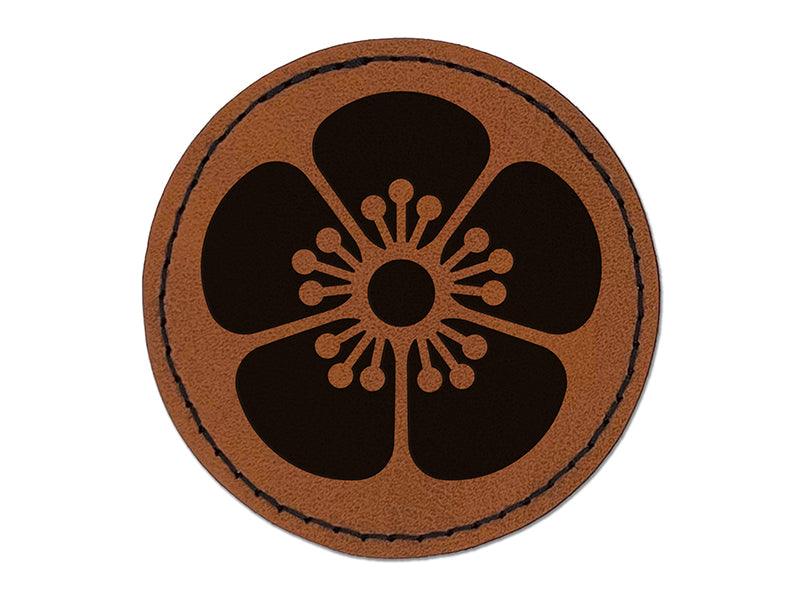 Single Cherry Blossom Flower Round Iron-On Engraved Faux Leather Patch Applique - 2.5"