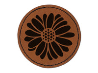 Single Daisy Flower Round Iron-On Engraved Faux Leather Patch Applique - 2.5"