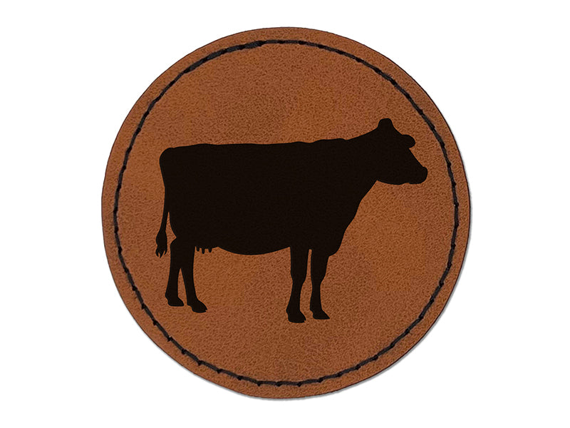 Solid Cow Farm Animal Round Iron-On Engraved Faux Leather Patch Applique - 2.5"
