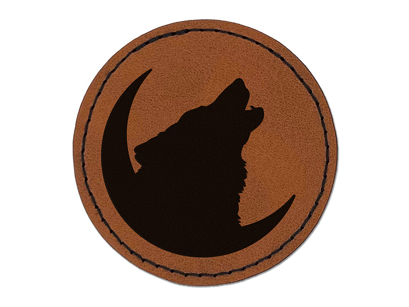 Wolf Howling Crescent Moon Round Iron-On Engraved Faux Leather Patch Applique - 2.5"