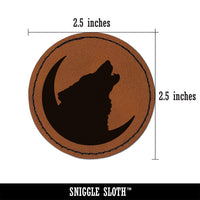 Wolf Howling Crescent Moon Round Iron-On Engraved Faux Leather Patch Applique - 2.5"