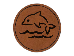 Fun Jumping Dolphin Ocean Waves Round Iron-On Engraved Faux Leather Patch Applique - 2.5"