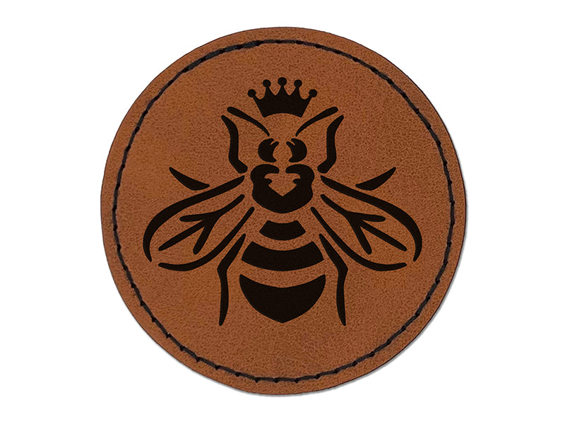 Queen Bee with Crown Honey Hive Round Iron-On Engraved Faux Leather Patch Applique - 2.5"