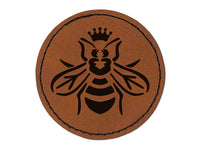 Queen Bee with Crown Honey Hive Round Iron-On Engraved Faux Leather Patch Applique - 2.5"