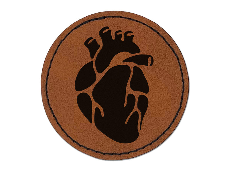 Realistic Heart Four Chambers Anatomy Biology Love Science Round Iron-On Engraved Faux Leather Patch Applique - 2.5"