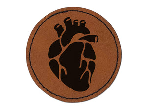 Realistic Heart Four Chambers Anatomy Biology Love Science Round Iron-On Engraved Faux Leather Patch Applique - 2.5"