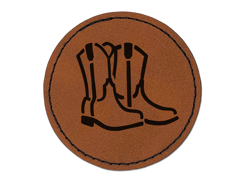 Simple Cowboy Cowgirl Boots Country Farm Life Round Iron-On Engraved Faux Leather Patch Applique - 2.5"