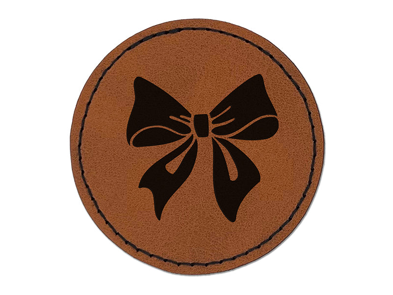 Sweet Bow Gift Presents Birthday Anniversary Christmas Round Iron-On Engraved Faux Leather Patch Applique - 2.5"